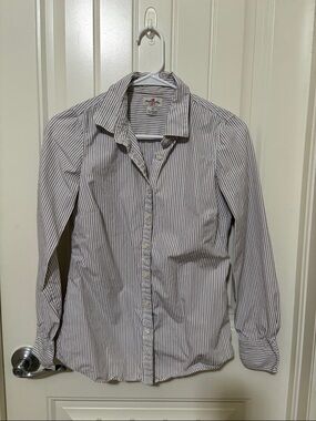 J. Crew White Button-Down Shirt with Thin Navy and Purple Stripes